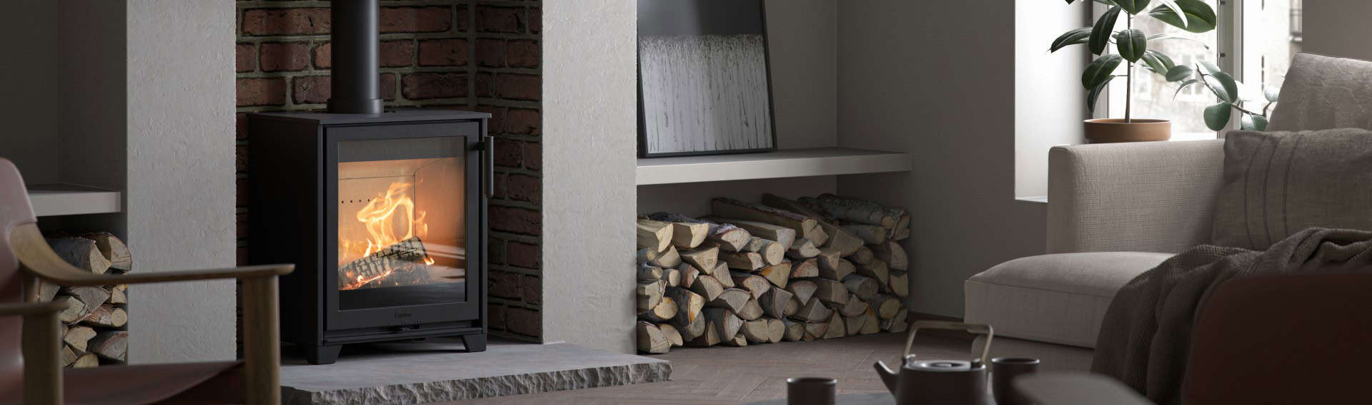 Modern wood-burning stove in a stylish living room setting.