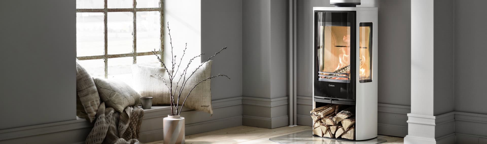 Elegant modern wood-burning stove in a stylish living room.